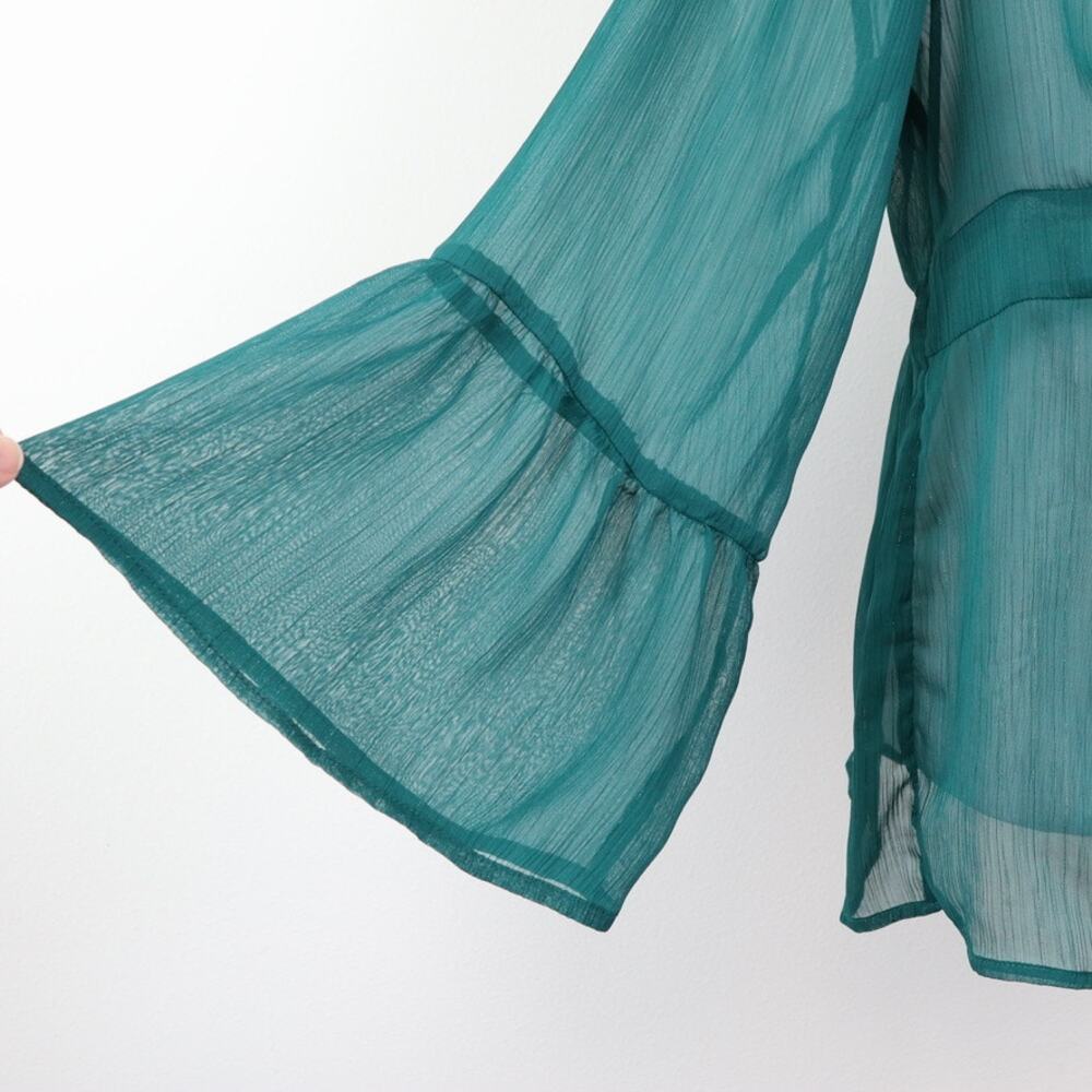 Torrid Size 0 L Babydoll Chiffon Blouse Bell Sleeve Lace-Up Green - Picture 9 of 12